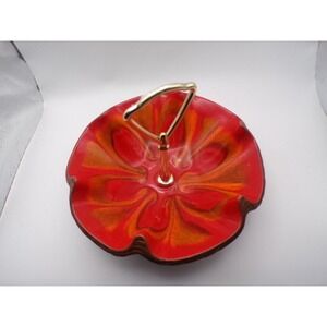 Glazed Ceramic Candy Dish Footed Candy Bowl Red Orange‎  Gold Handle Vintage USA
